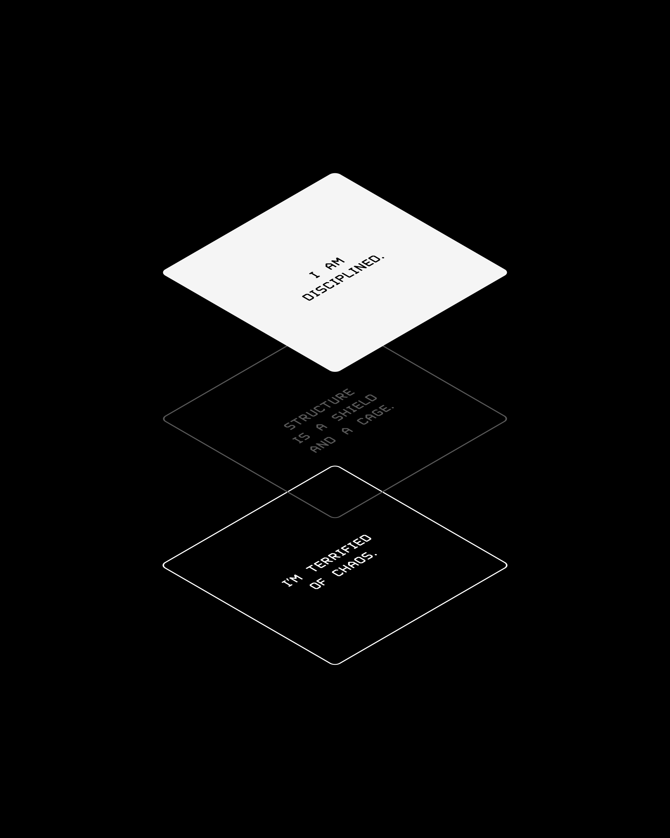 I am disciplined. Structure is a shield and a cage. I am terrified of chaos.